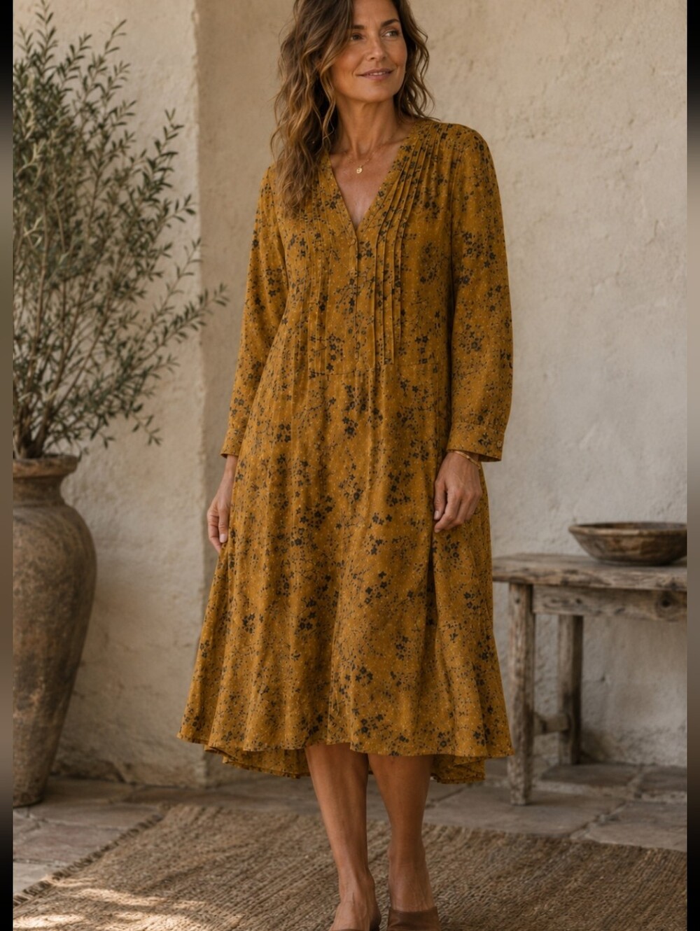 Nanette Lepore Mustard Floral Long-Sleeve Midi Dress